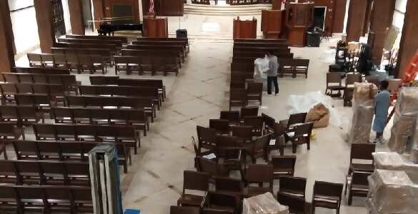 church pews were organized in equally spaced rows