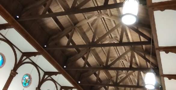 church ceiling is constructed out of an upside down boat